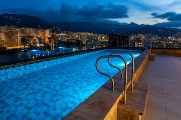 Indoor pool, outdoor pool, sun loungers