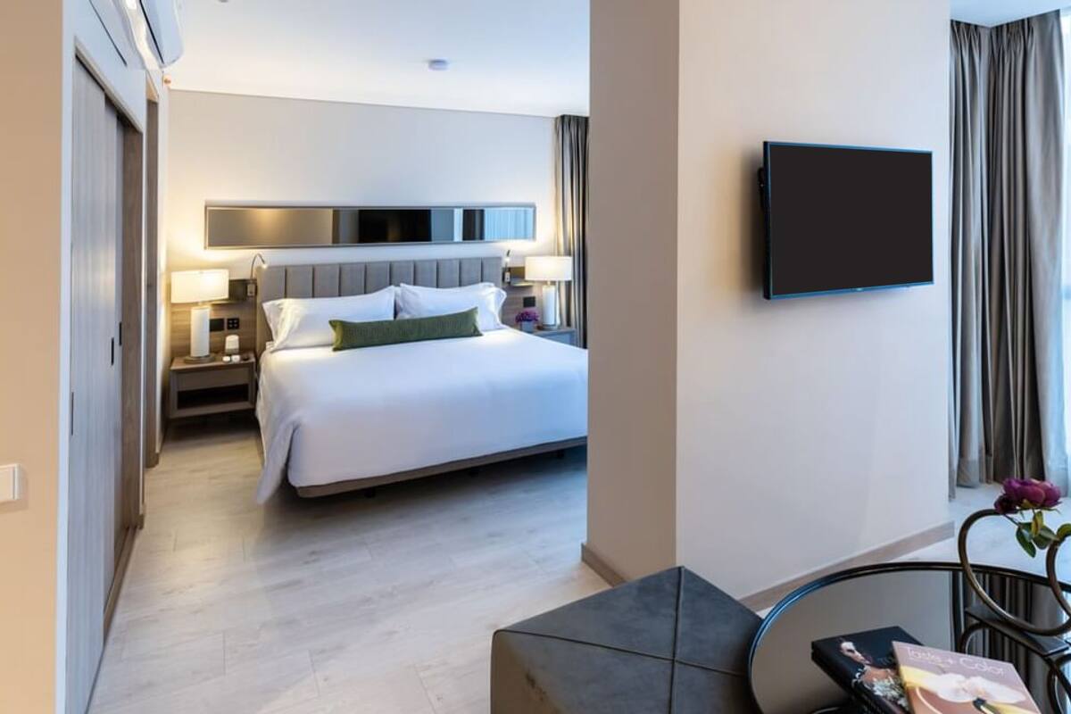 Habitación de hotel con cama, mesitas de noche, televisor de pantalla plana y vistas al exterior.