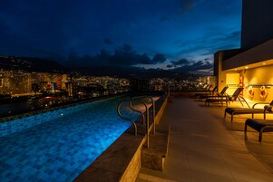 Indoor pool, outdoor pool, sun loungers