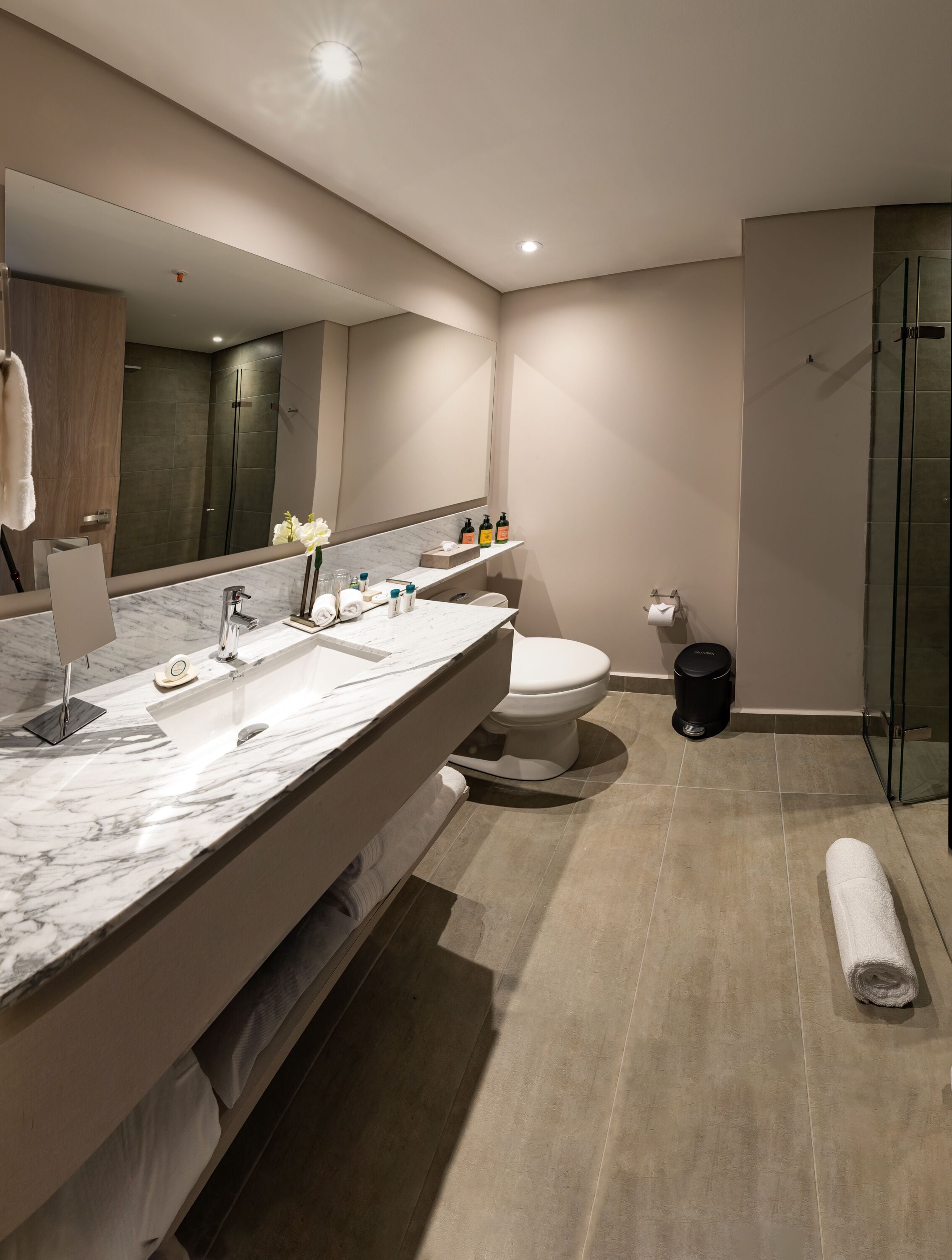 Une salle de bain moderne avec un lavabo en marbre, des toilettes, une douche en verre et un grand miroir.