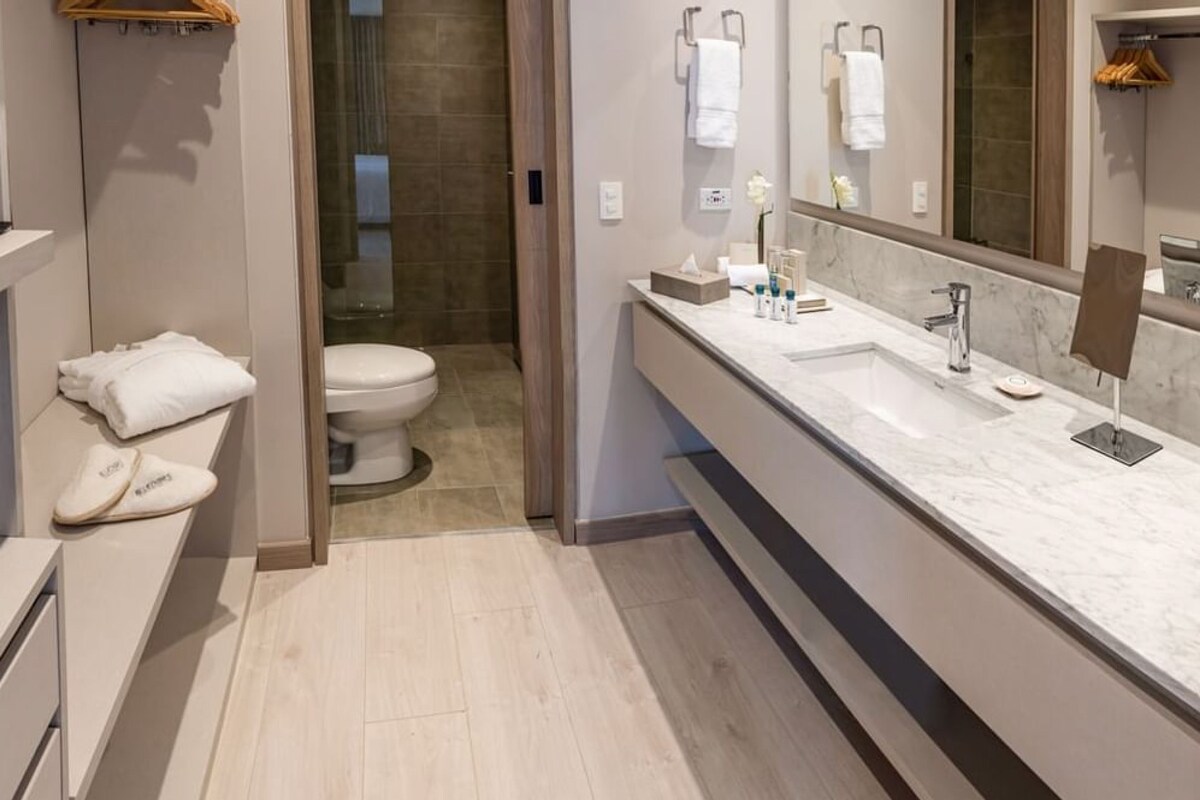 Douche, articles de toilette de luxe, sèche-cheveux, peignoirs