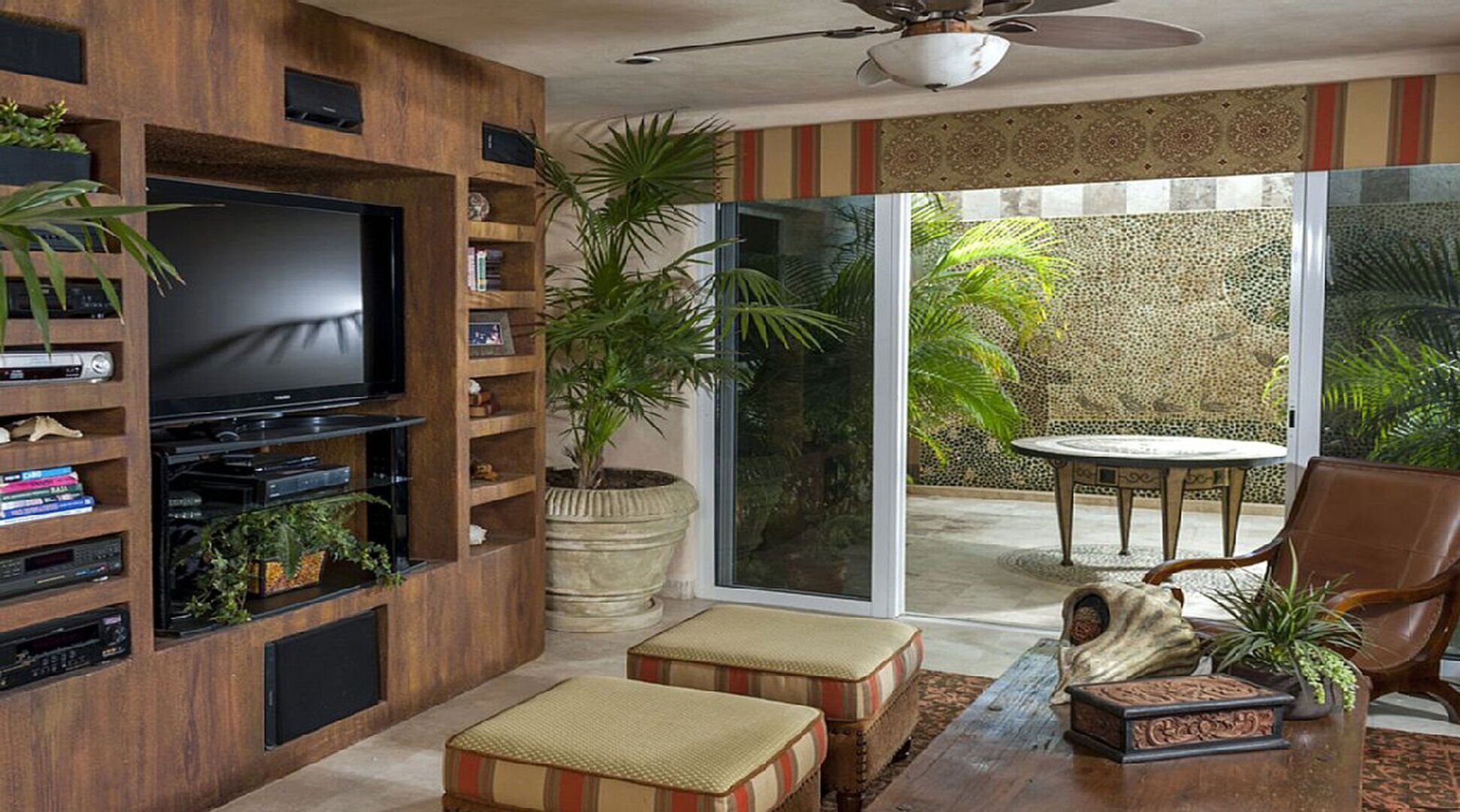 A living room with a TV, wooden shelving, a large potted plant, a dining table, and a chair.