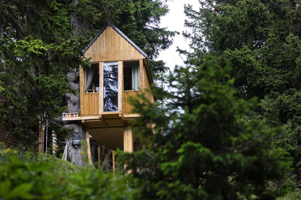 Eine Holzhütte mit einem dreieckigen Dach, großen Fenstern und einem Balkon, umgeben von dichtem Wald.
