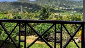 A balcony with a view of a hilly landscape, a clear sky, and a wooden railing. - Captivating Mountain Views, Ocean Views,  Romantic getaway (Anse La Raye)