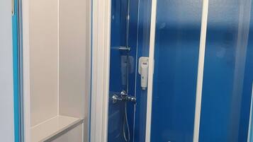A bathroom with a glass-enclosed shower, a white toilet, and a blue wall.