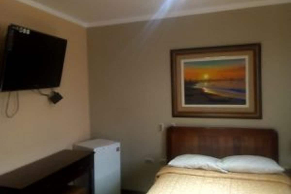 Una habitación de hotel con cama, escritorio, televisor y un cuadro en la pared.