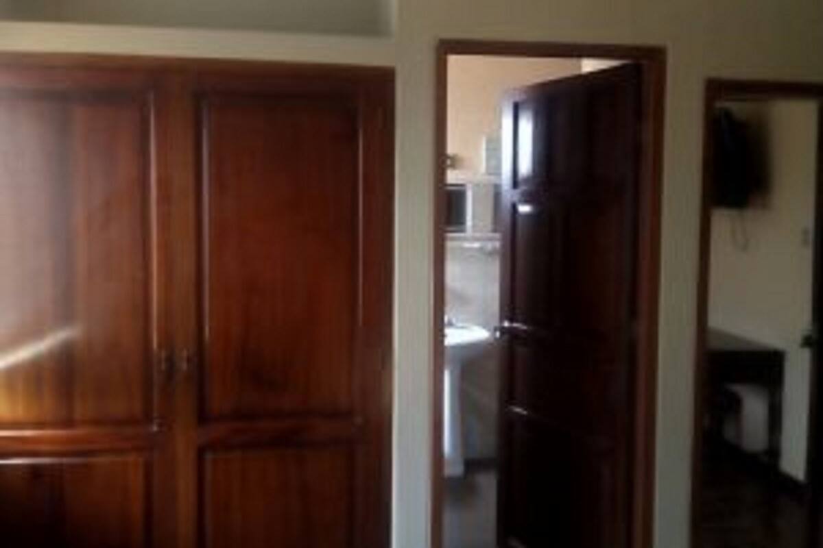 Una habitación con un armario de madera y una puerta que da a otra estancia.