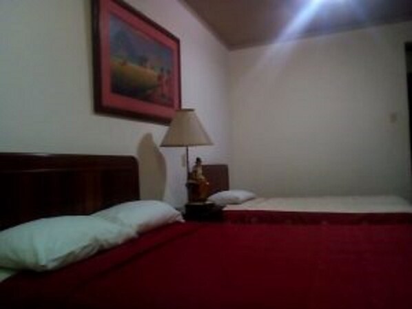 A room with a single bed, a nightstand with a lamp, and a painting on the wall.