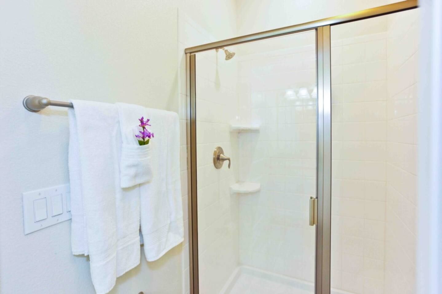 Ducha con puerta de cristal, perchero con toalla blanca y un interruptor de luz en la pared.