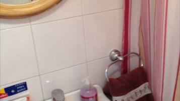Bañera con ducha, secador de pelo, bidet, toallas