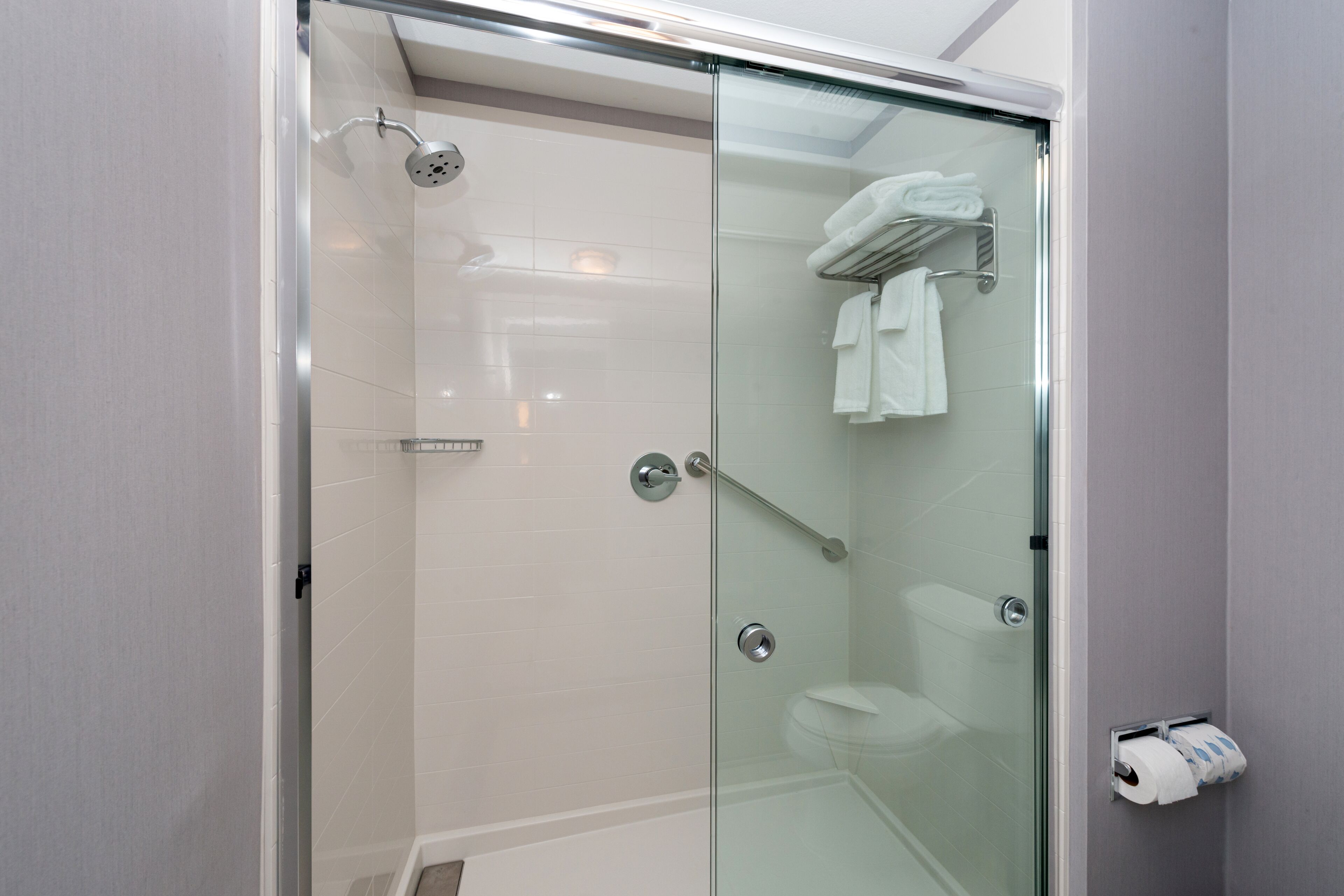 Un baño moderno con cabina de ducha de vidrio, un perchero y un dispensador de papel higiénico.