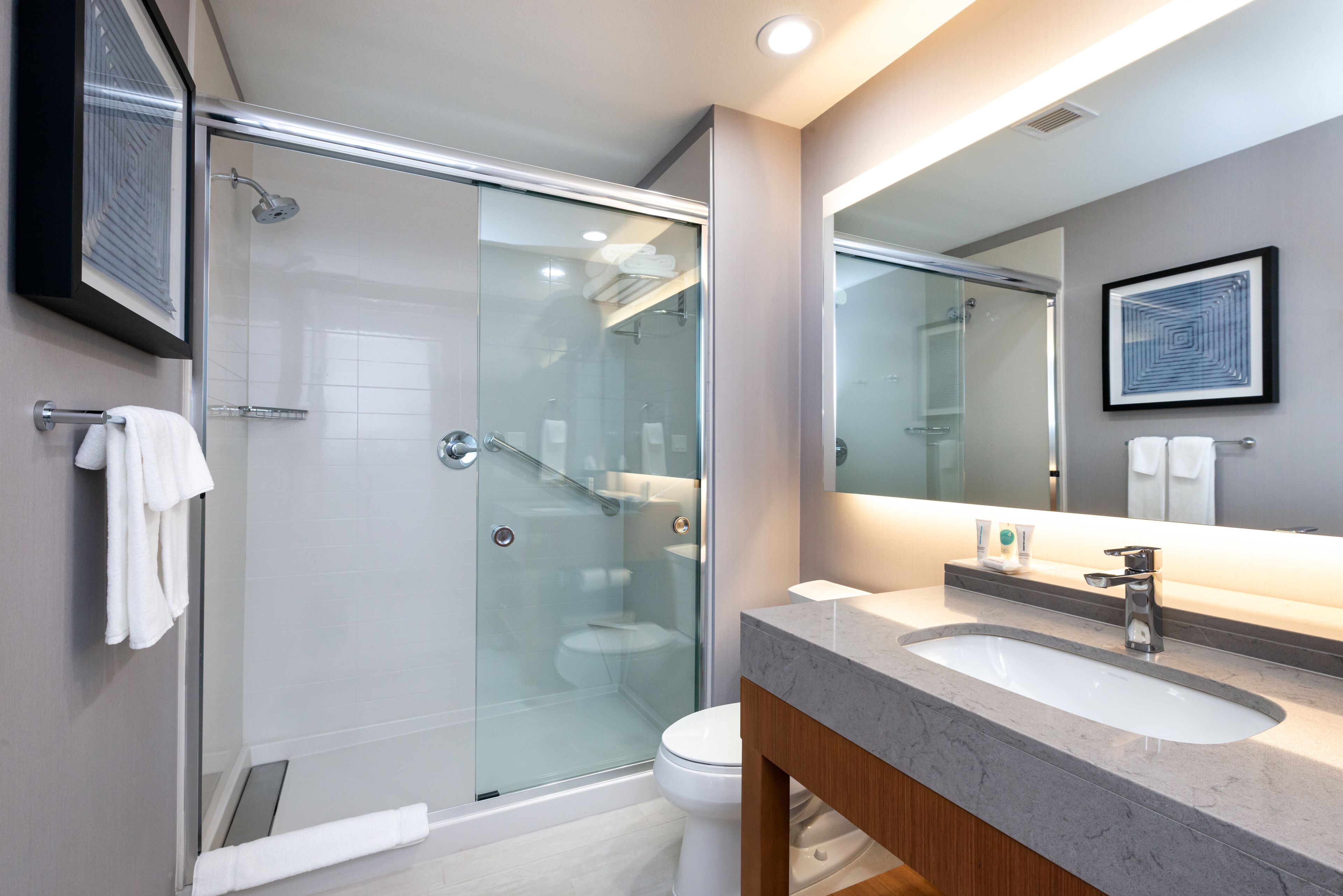 Amenidades de baño de diseñador, secadora de cabello, toallas, jabón 