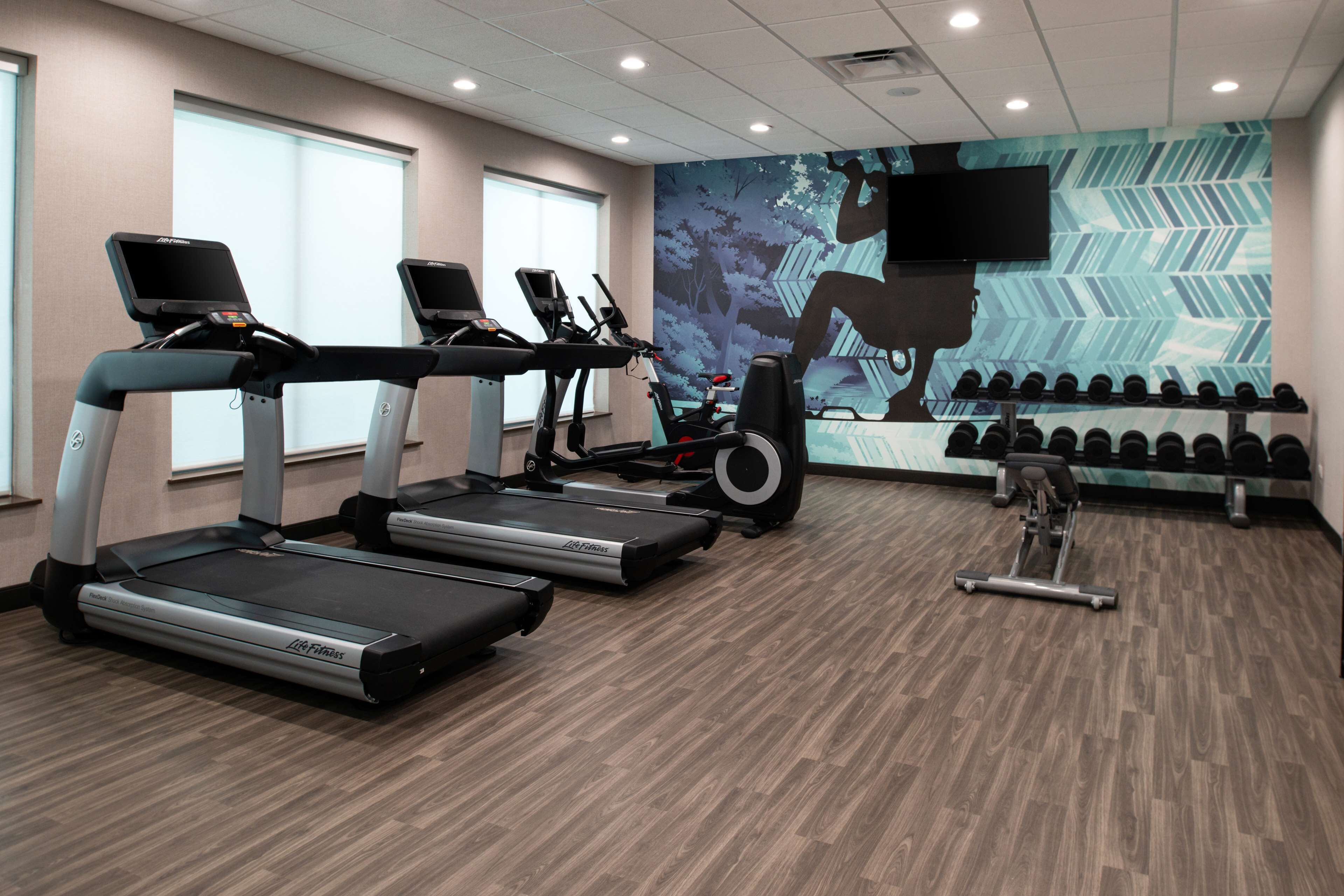 A gym with treadmills, a stationary bike, and a rowing machine. There are dumbbells and a TV mounted on the wall.