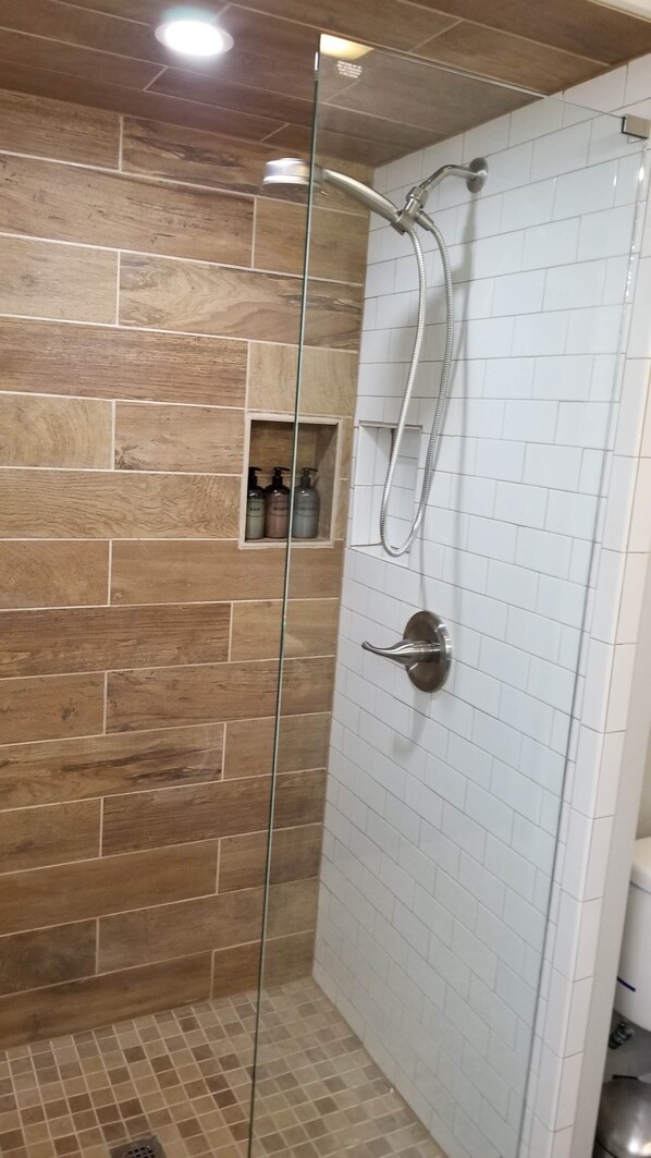 Shower, hair dryer, towels