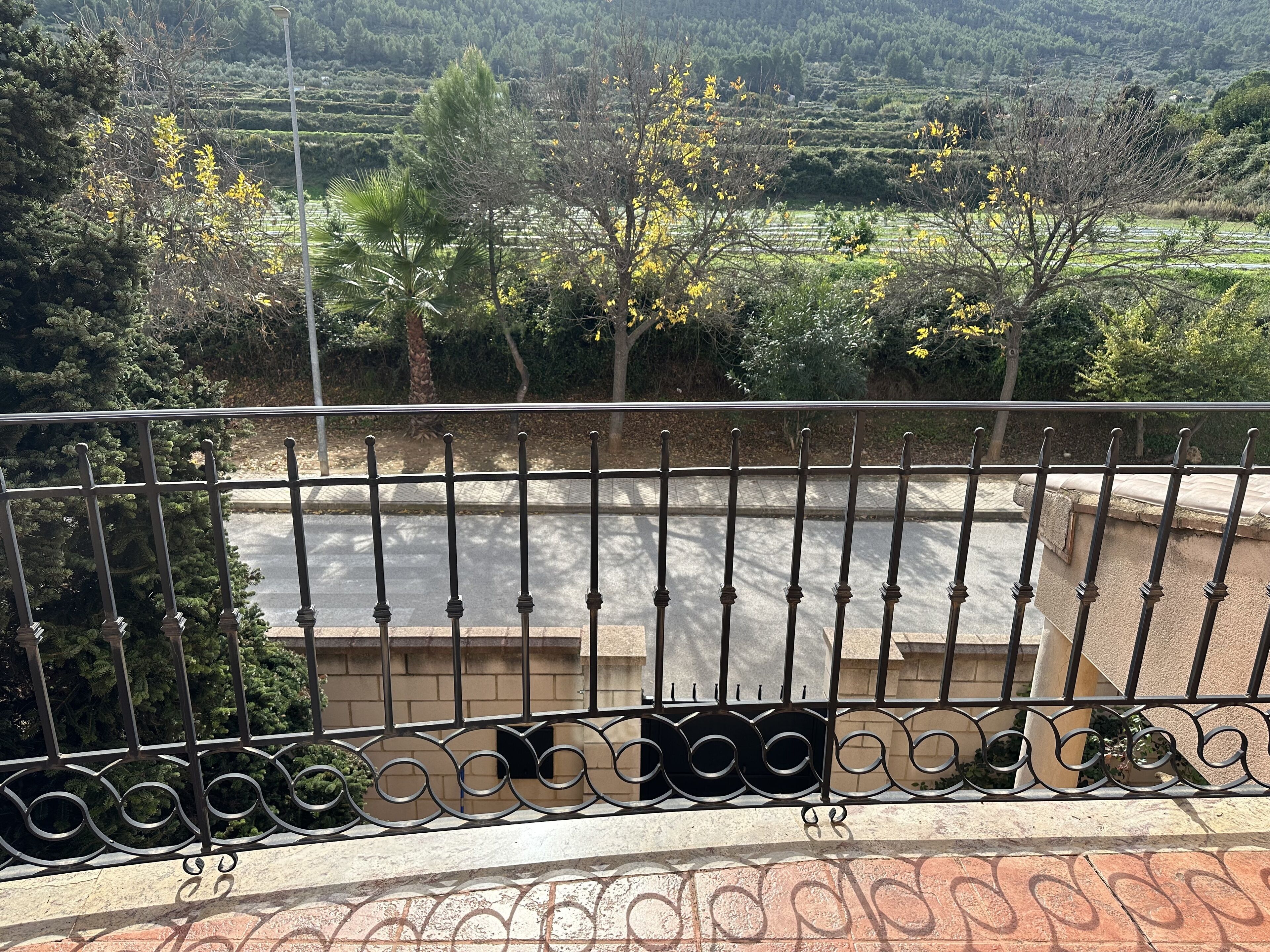 A balcony with a metal railing overlooking a landscaped garden with trees and a road.