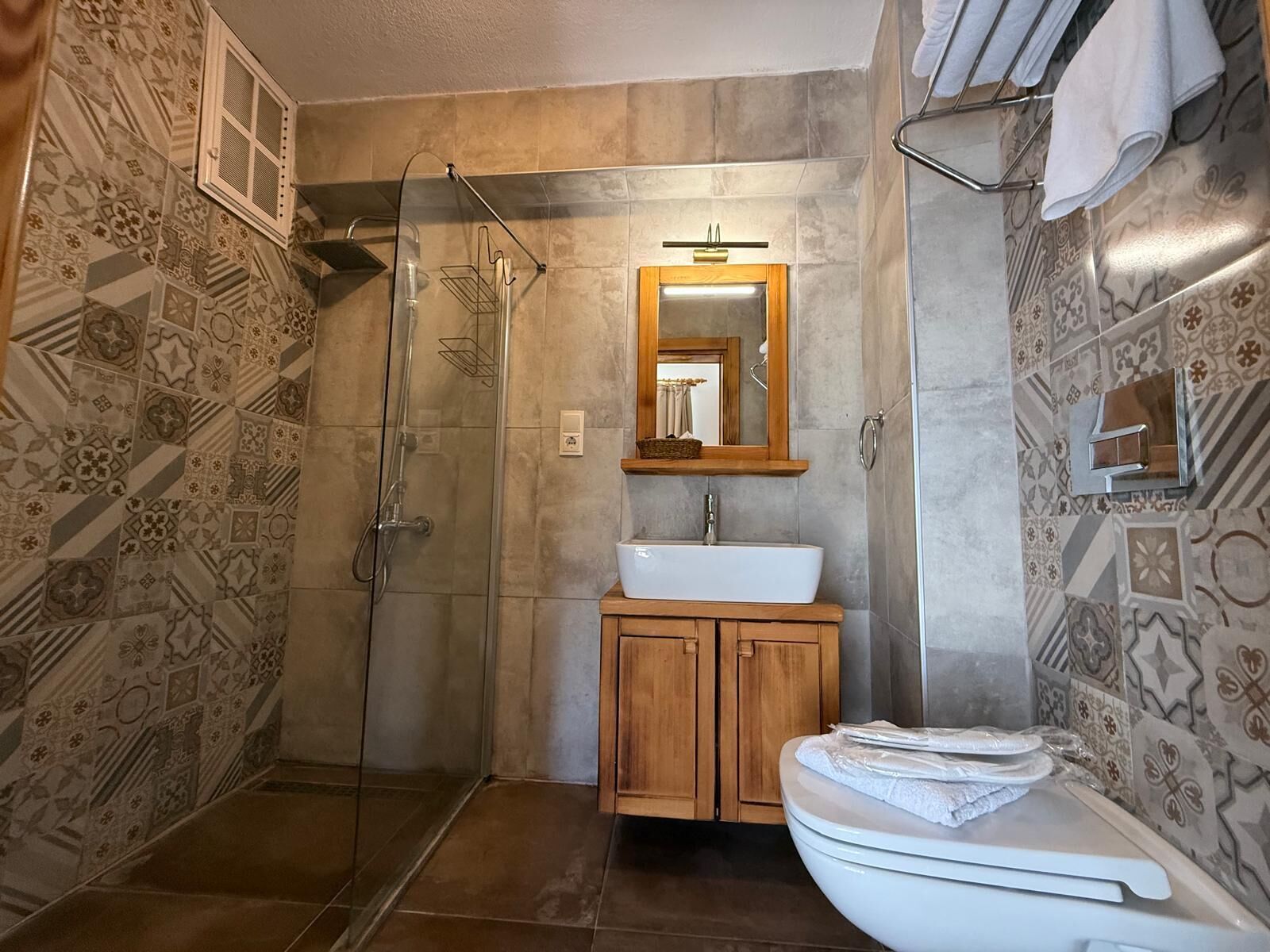 Ducha, cabezal de ducha tipo lluvia, secador de pelo, toallas
