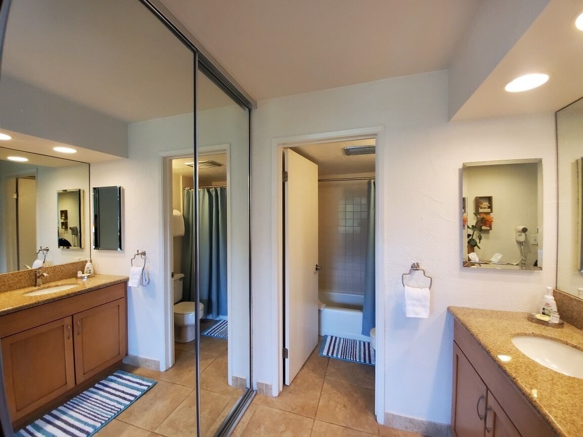 Combined shower/tub, hair dryer, towels, soap