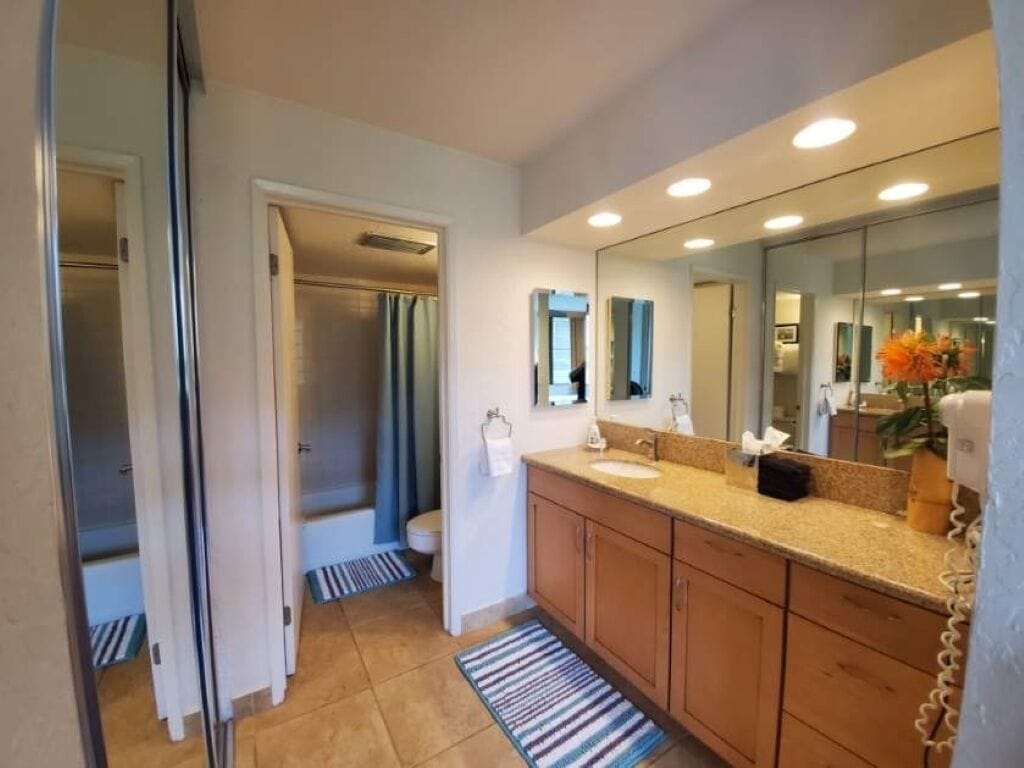 Combined shower/tub, hair dryer, towels, soap