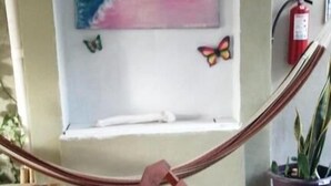 Un sillón hamaca con cojín color turquesa, un banco de madera con cojín color turquesa, y un cuadro de un cielo azul con una nube rosa y una mariposa en la pared.