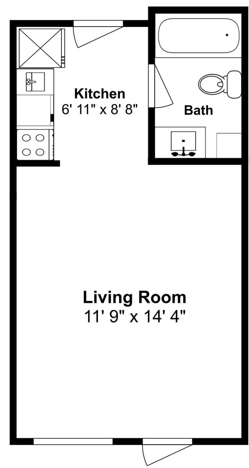 Plano de planta que muestra una cocina de 2.1 metros por 2.4 metros, una sala de estar de 3.6 metros por 4.3 metros y un baño.