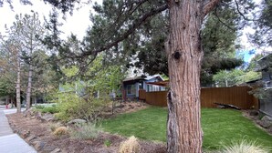 Un immobile residenziale con un prato curato, un albero grande e un recinto in legno.
