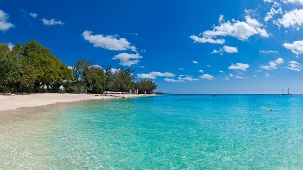 A beach with clear turquoise water, a sandy shore, and trees in the background. - Porters Villa by Blue Sky Luxury (Holetown)