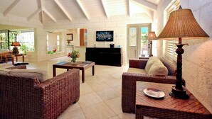 A spacious living area with wicker furniture, a television, and a ceiling fan. - Jessamine by Blue Sky Luxury (Gibbes)