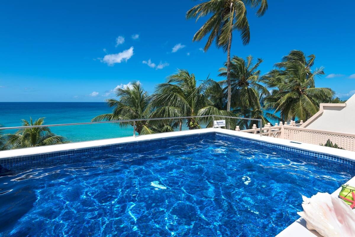 A clear blue pool with a view of the ocean and palm trees.