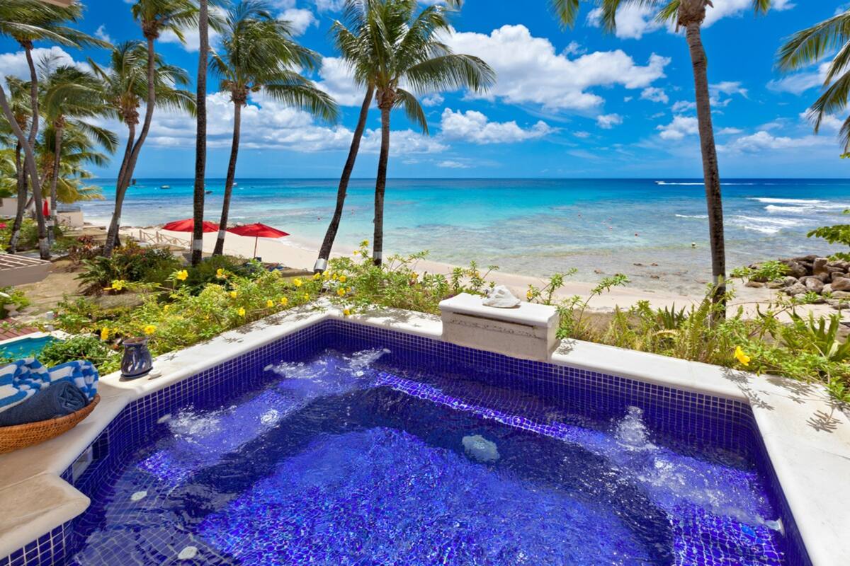 A hot tub with a view of the ocean and palm trees.