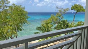 A balcony with a view of a turquoise sea and palm trees. - Waterside 402 by Blue Sky Luxury (Paynes Bay)