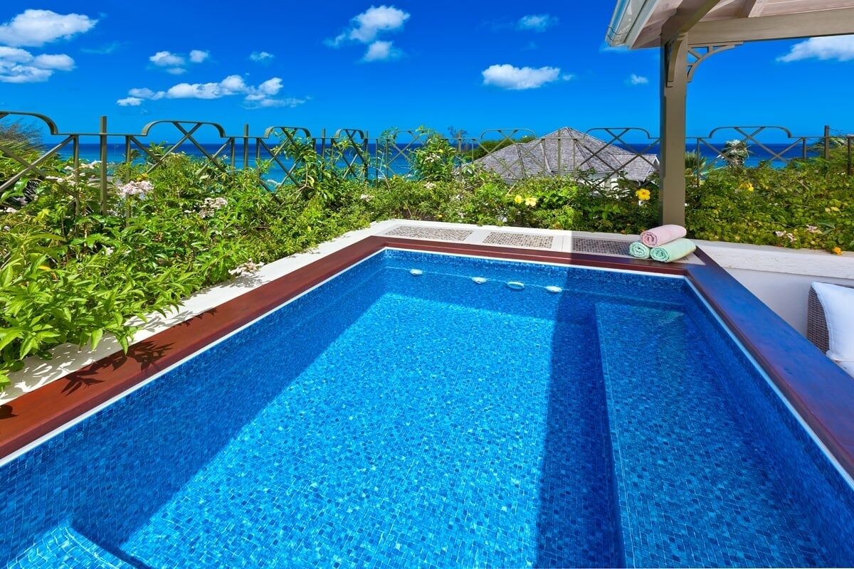 A rectangular pool with clear blue water, surrounded by lush greenery and a view of the ocean.
