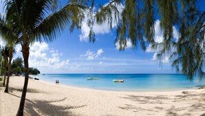 Een strand met helderblauw water, palmbomen en een zandstrand.