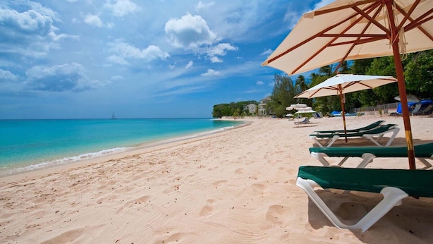 A beach with green lounge chairs and beige umbrellas. - Coral Cove 3 - Green Flash Blue Sky Luxury (Paynes Bay)