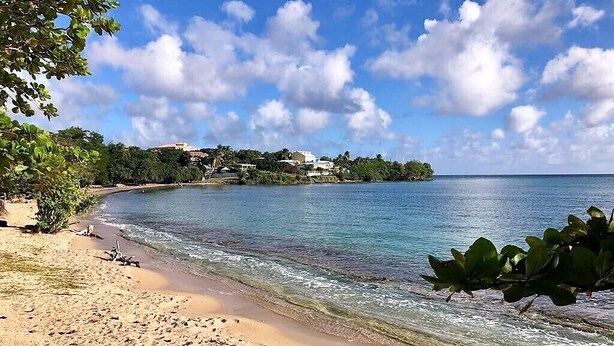 Une plage à l’eau claire, avec un rivage sablonneux et des bâtiments en arrière-plan.