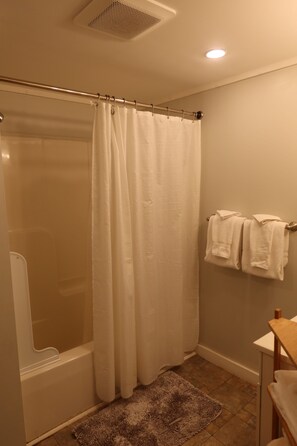Combined shower/bathtub, hair dryer, towels, soap