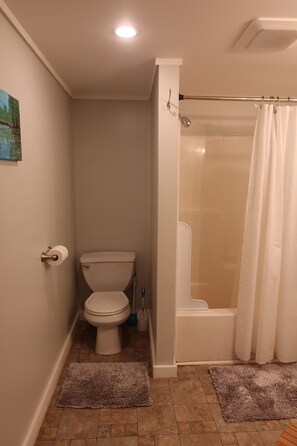 Combined shower/bathtub, hair dryer, towels, soap