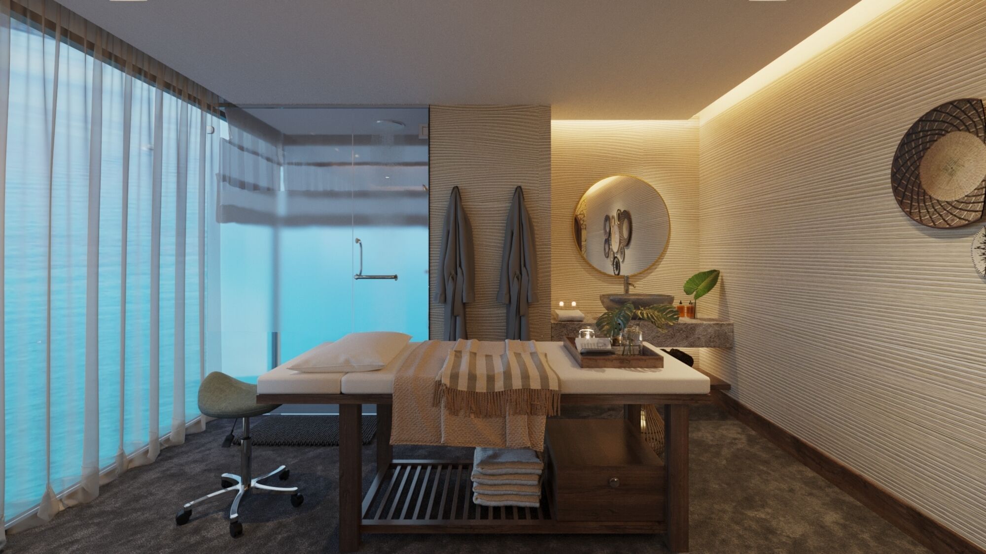A modern bedroom with a large window, a bed, a desk, and a vanity with a mirror.