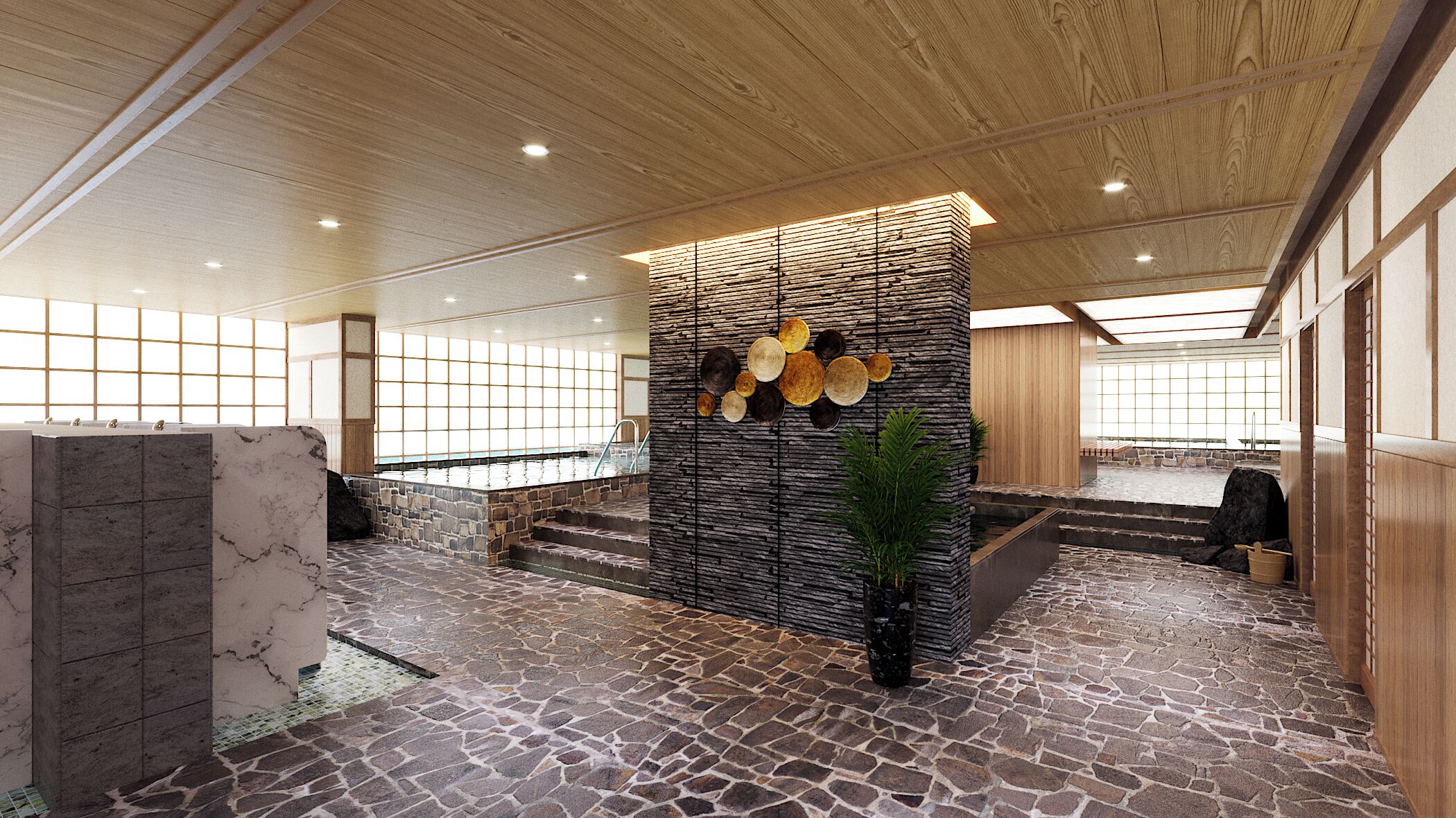 A spacious lobby with a stone floor, a wooden ceiling, and a wall decorated with woven baskets.