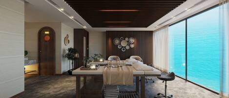 A modern bedroom with a large window, a bed, a desk, and a chair.