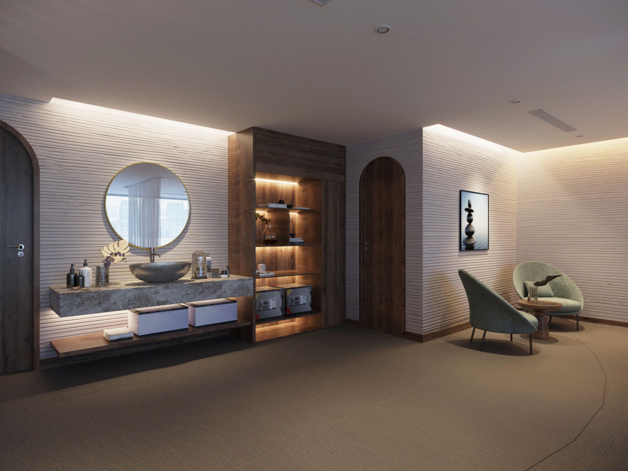 A modern bathroom with a large round mirror, wooden vanity, and a seating area with a chair.