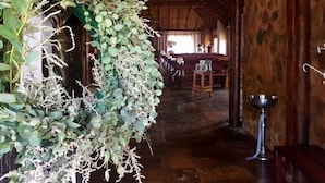 Un interior rústico con techo de madera, una planta colgante y un cuenco de metal en el suelo.