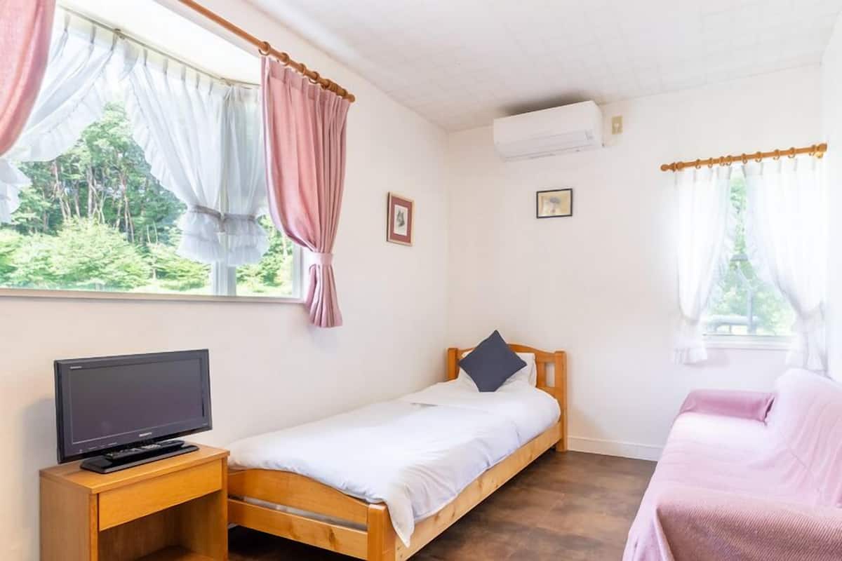 Ett sovrum med en säng, en tv på ett träställ, en rosa soffa och två fönster med gardiner.