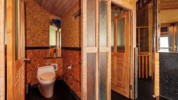 A wooden interior with a toilet, a mirror, and a door leading to another room.