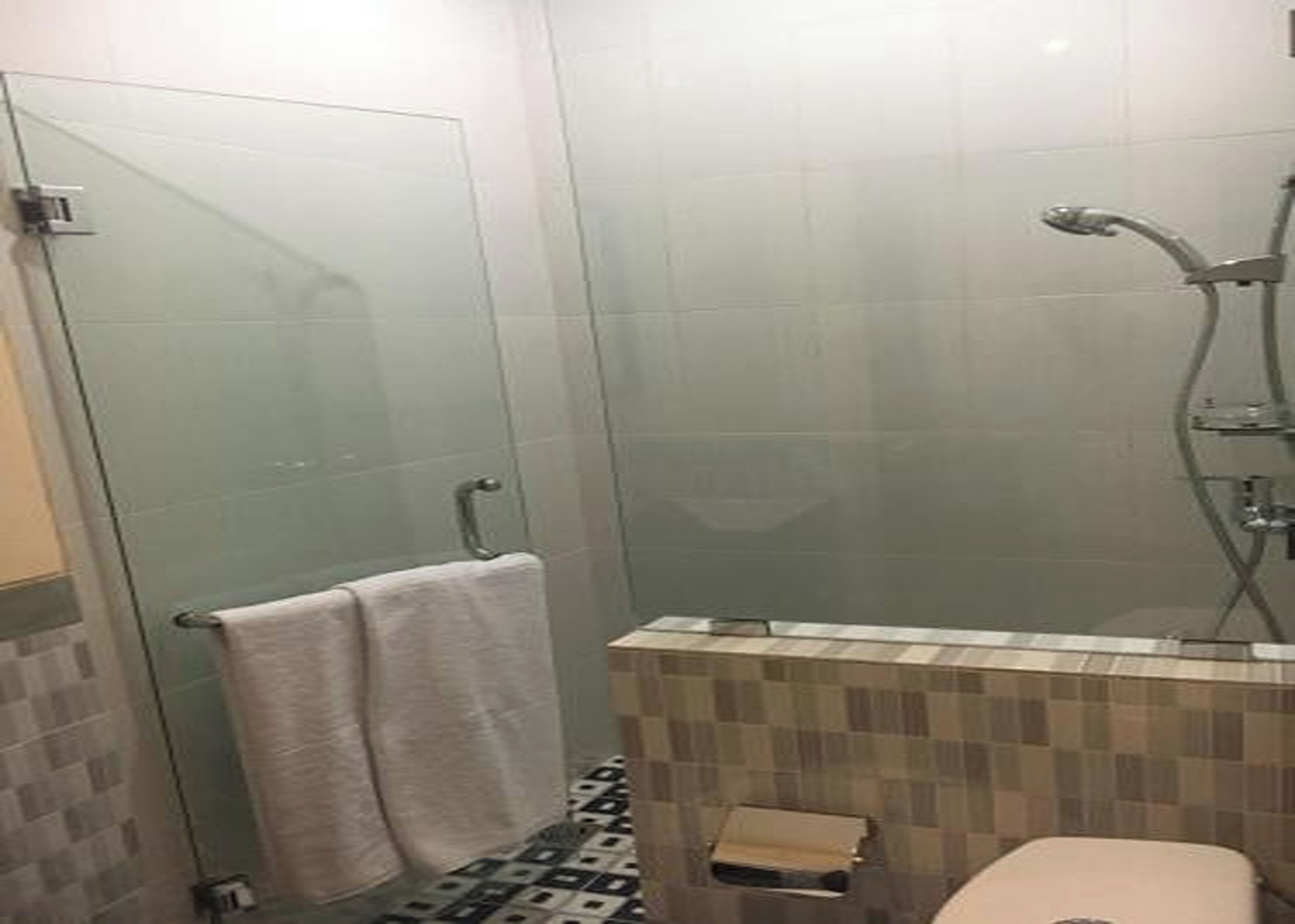 Un baño con cabina de ducha de vidrio, un perchero, un inodoro y un suelo con estampado.