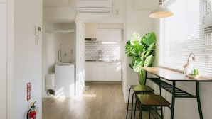 A modern kitchen with white cabinets, a wooden countertop, and a large green plant. - Akebono 5-D (Naha)