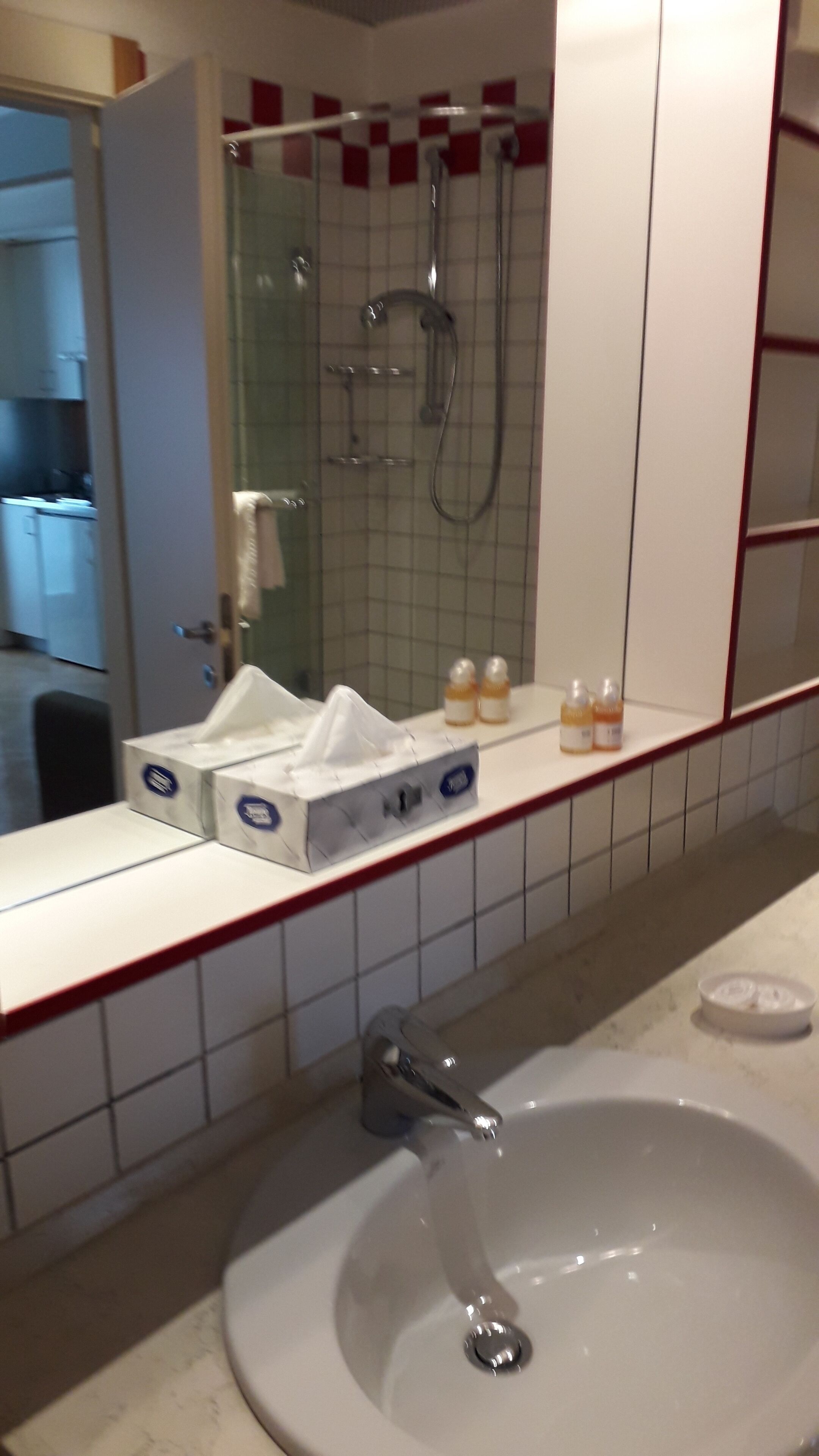 Une salle de bain avec un lavabo, un miroir et une douche. On y trouve des articles de toilette sur le comptoir.
