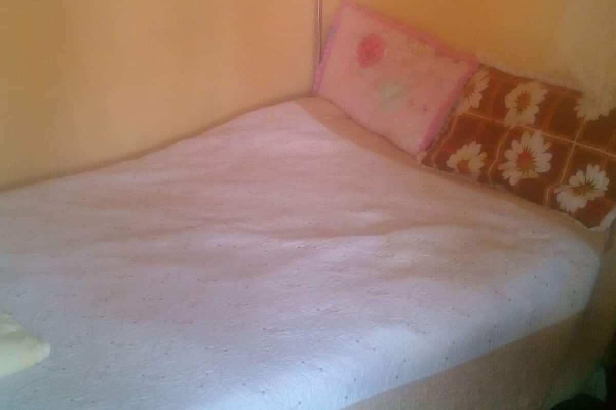 A single bed with a mosquito net, a floral pillow, and a plain wall.