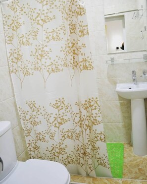 Shower, hair dryer, slippers, towels
