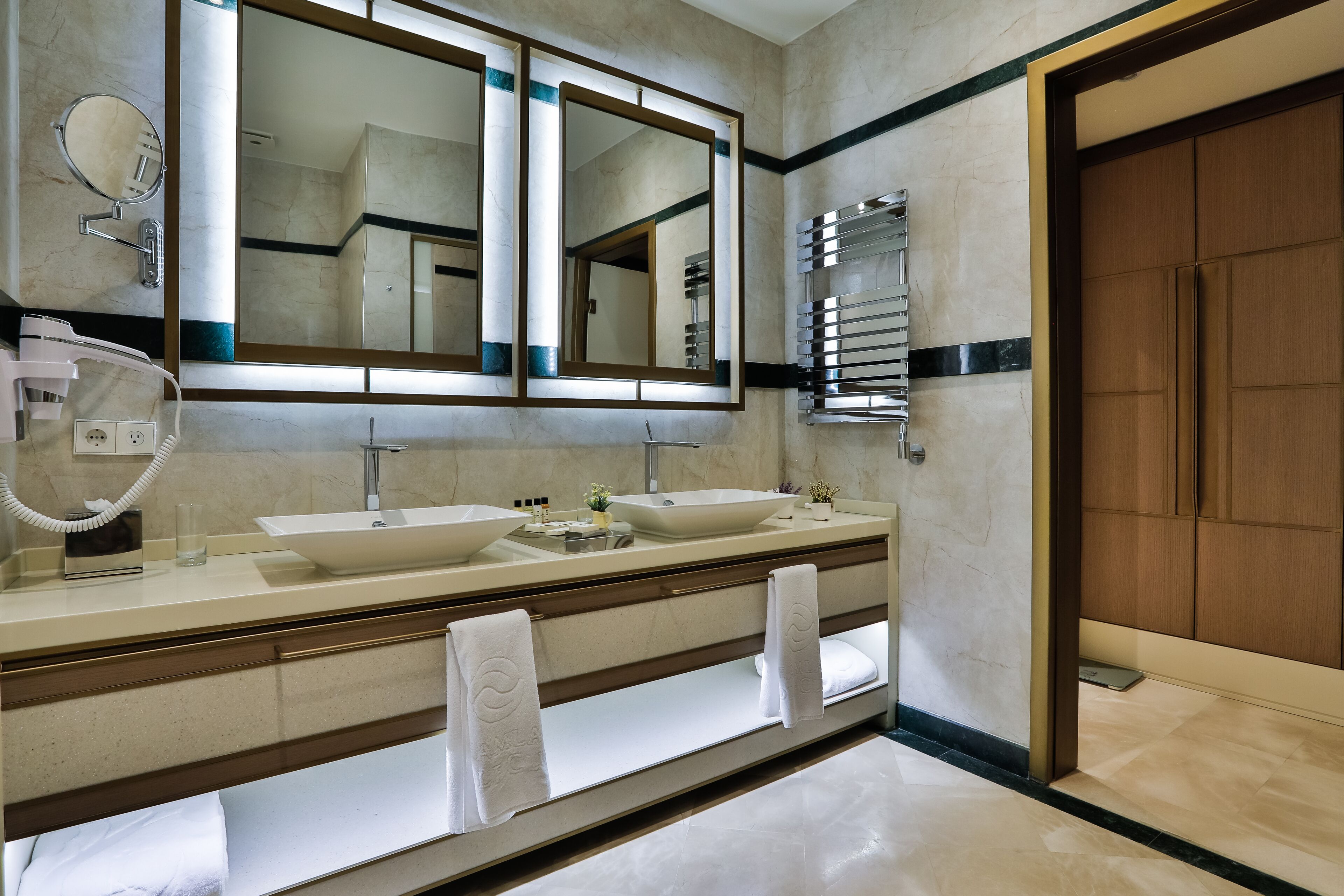 rainfall showerhead, designer toiletries, hair dryer, bathrobes