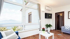 A modern living room with a large window, a flat-screen TV, a sofa, a coffee table, and a potted plant. - Villa Angela with private pool and sea view (Priora)